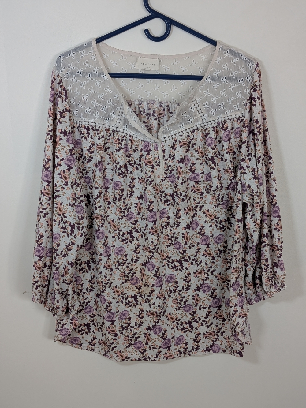 Polyester blend blouse, Melloday floral print peasant top with lace yoke detail